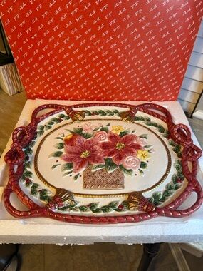 Fitz and Floyd Red Poinsettia Basket Holiday Serving Platter